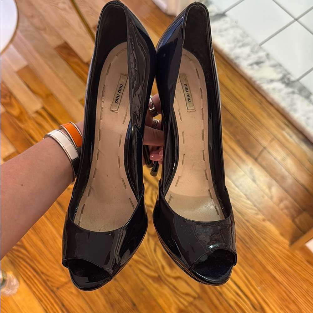 Miu Miu Glossy Black Peep Toe Heels